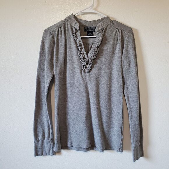 Polo Jeans Co Thermal Top Womens S Gray Waffle Knit Ruffle Notch Slit 
 Neck LS - Picture 1 of 8